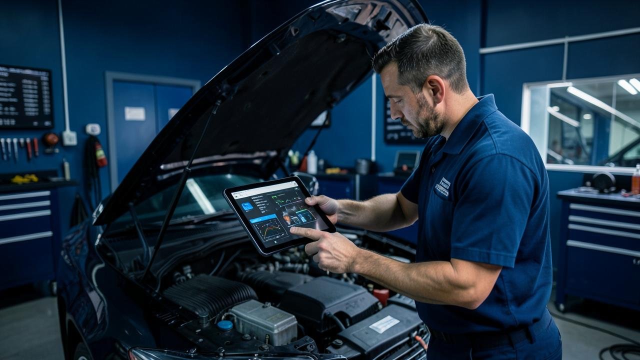 Computer diagnostics on a car at Birla Exchange Auto Shop